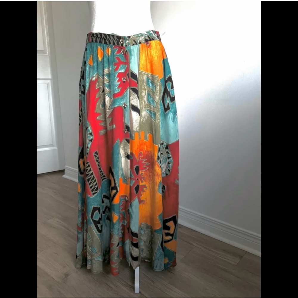 🇨🇦 Vintage 90s Abstract Art Midi Skirt – Teal Red Orange• Suttles & Seawinds - Picture 15 of 16
